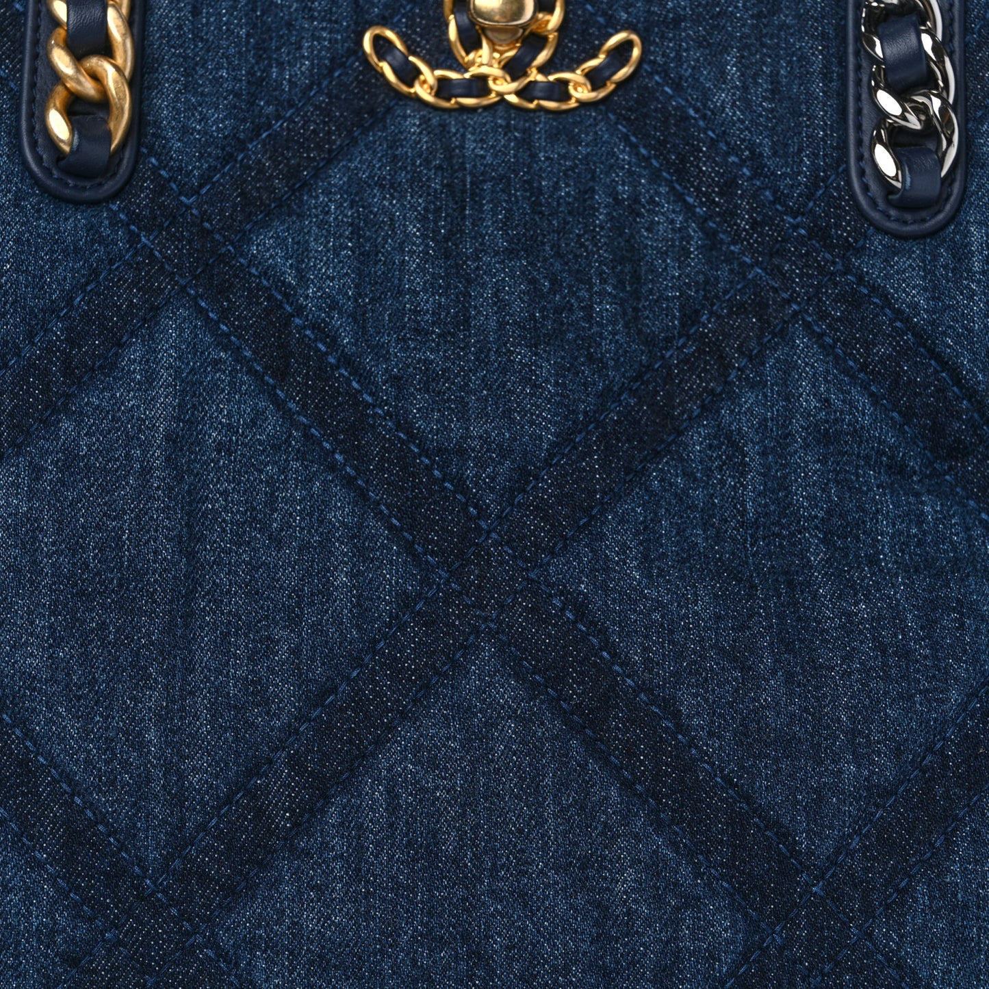 Denim Quilted Chanel 19 North South Shopping Bag Blue