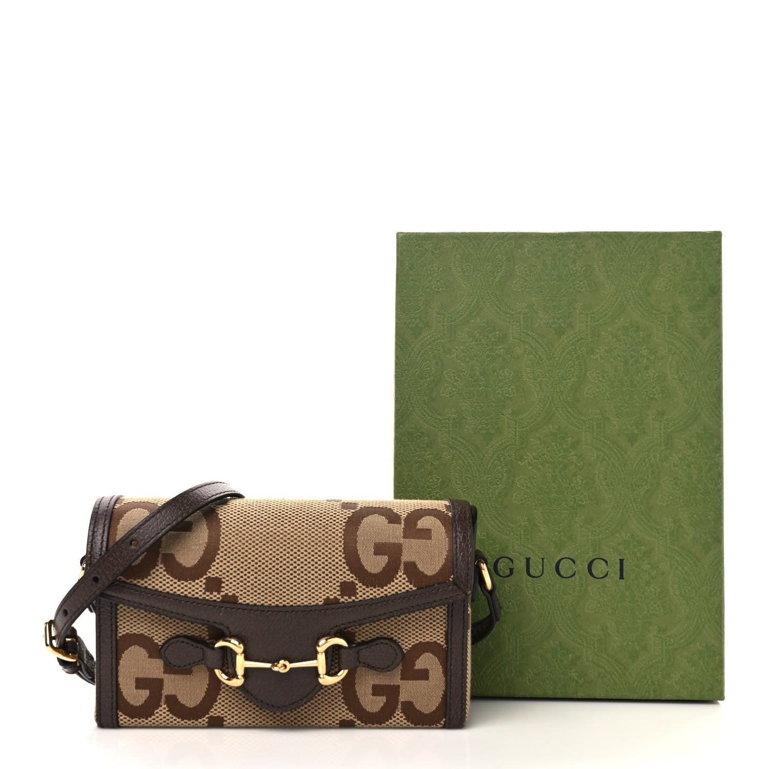 Gucci Monogram Jumbo GG Textured Dollar Calfskin Mini Horsebit 1955 Shoulder Bag Camel Ebony New Acero 10 of 10