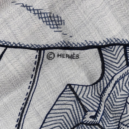 Hermes Cashmere Silk Zouaves Et Dragons Shawl 140 Gris Chine Marine 4 of 6