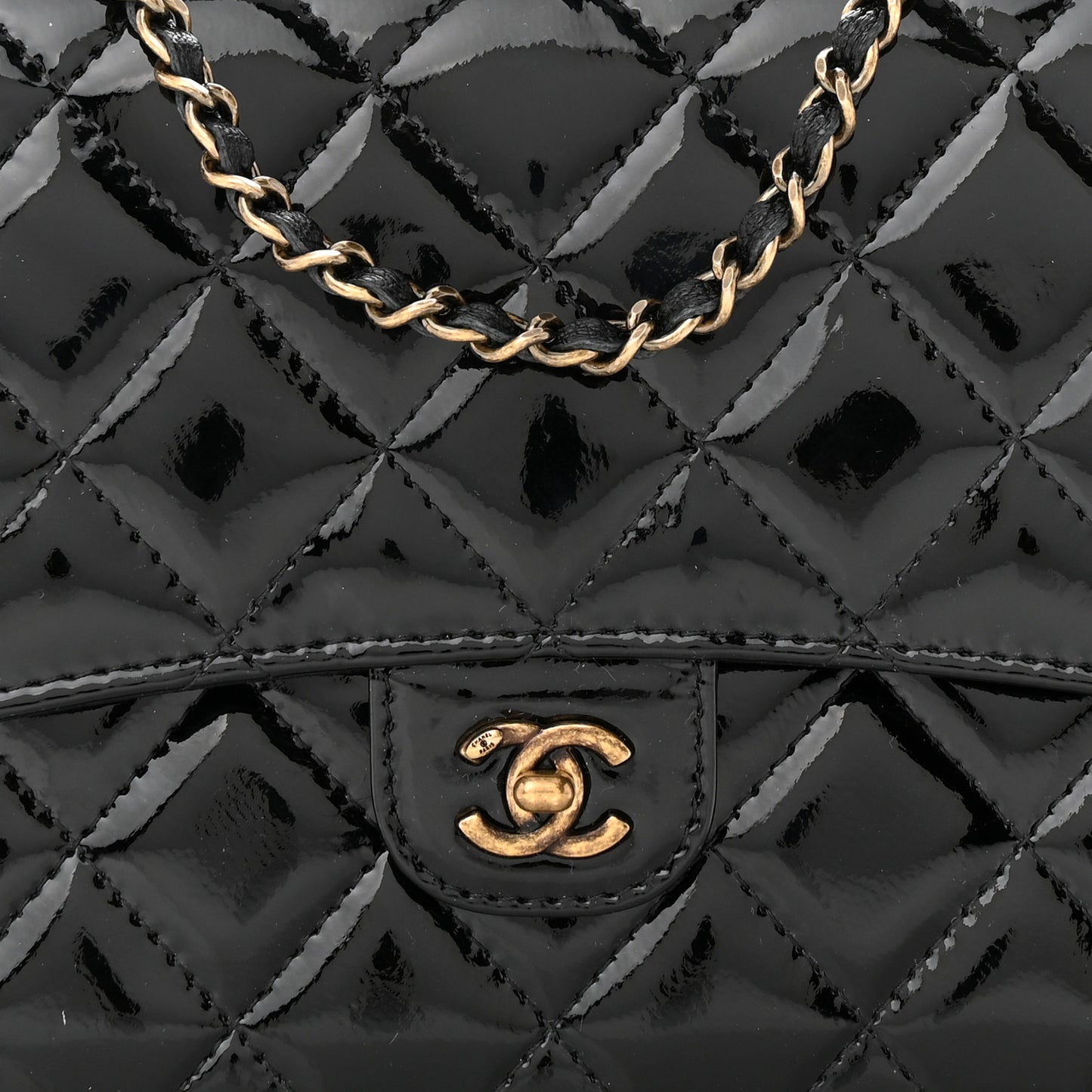 Patent Goatskin Quilted CC Eyelet Wallet On Chain WOC Black