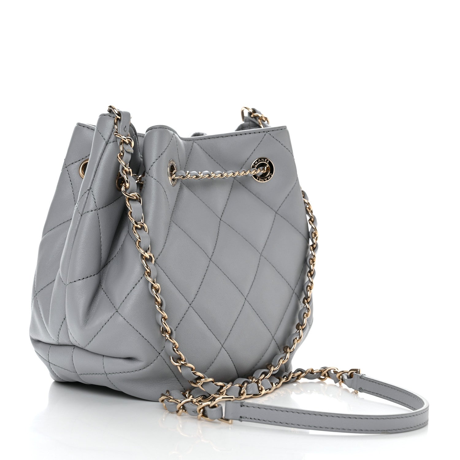 Chanel Lambskin Quilted CC Dweller Drawstring Bucket Bag Light Grey 2 of 10