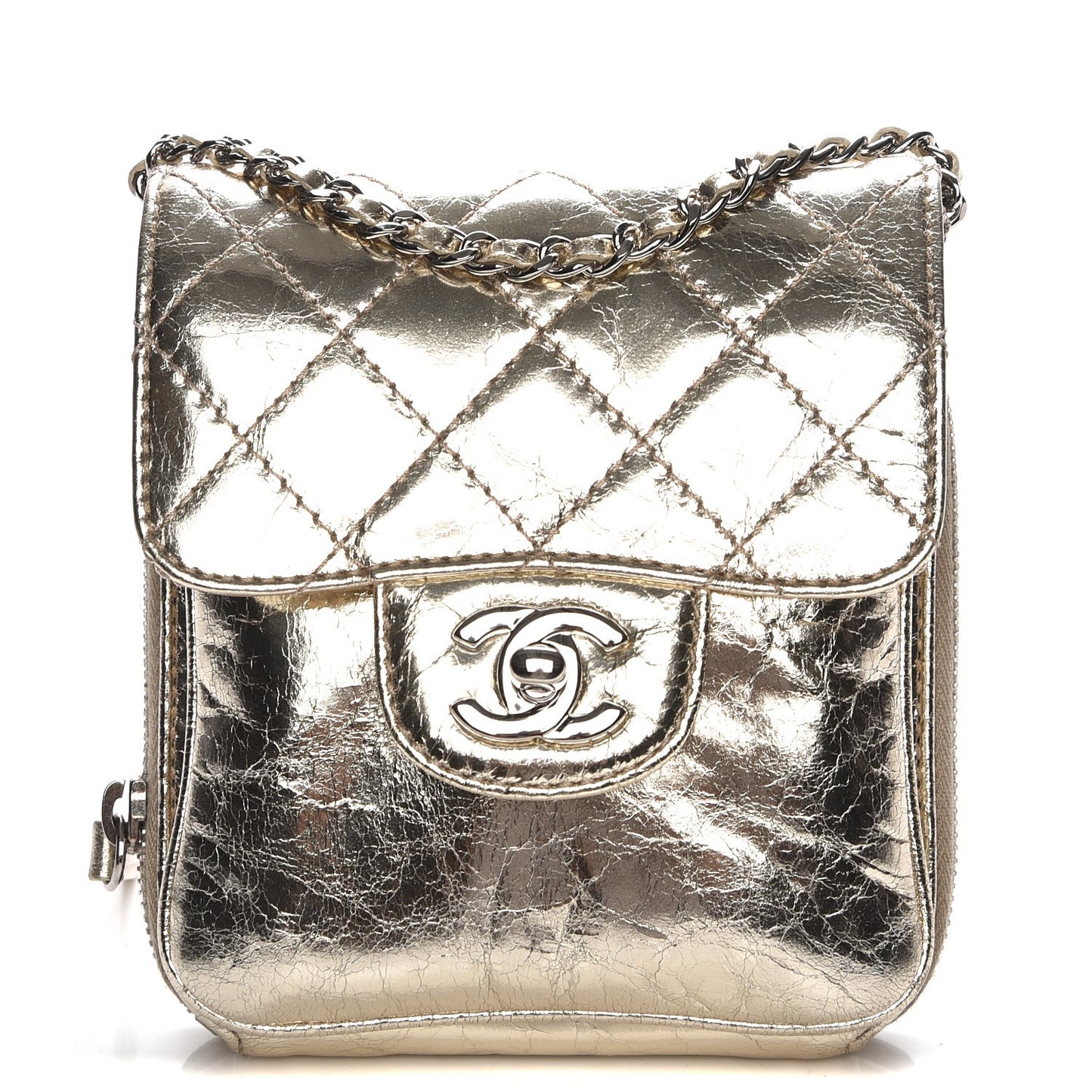 Crackled Aged Calfskin Mini Crossbody Flap Gold