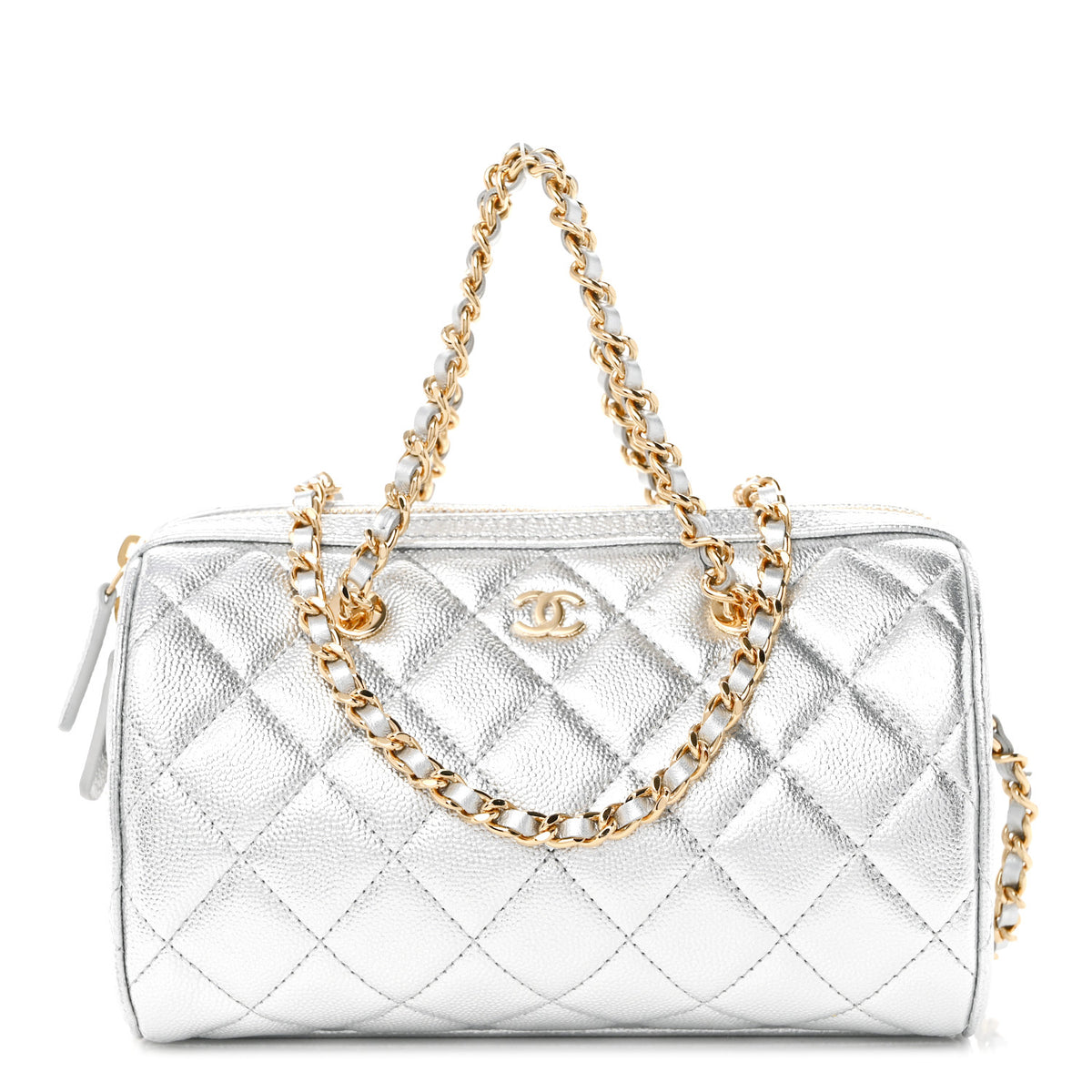 Metallic Caviar Quilted Barrel Clutch With Chain Silver