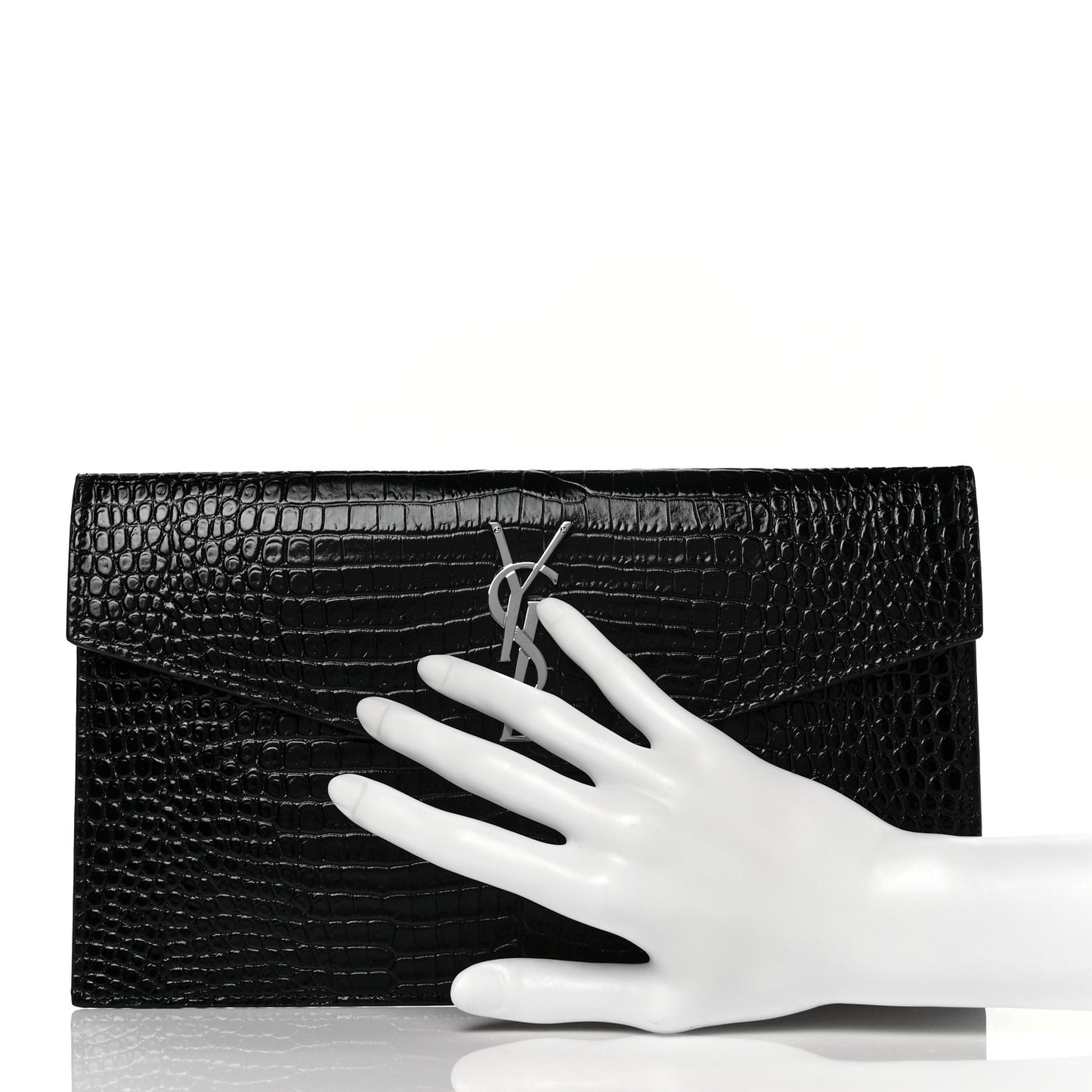 Calfskin Crocodile Embossed Uptown Monogram Clutch Black