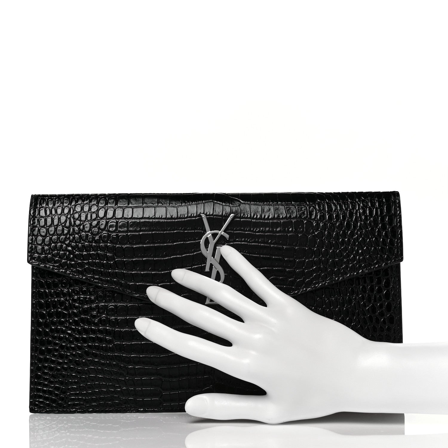 Saint Laurent Calfskin Crocodile Embossed Uptown Monogram Clutch Black 2 of 9