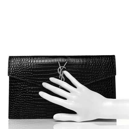Saint Laurent Calfskin Crocodile Embossed Uptown Monogram Clutch Black 2 of 9