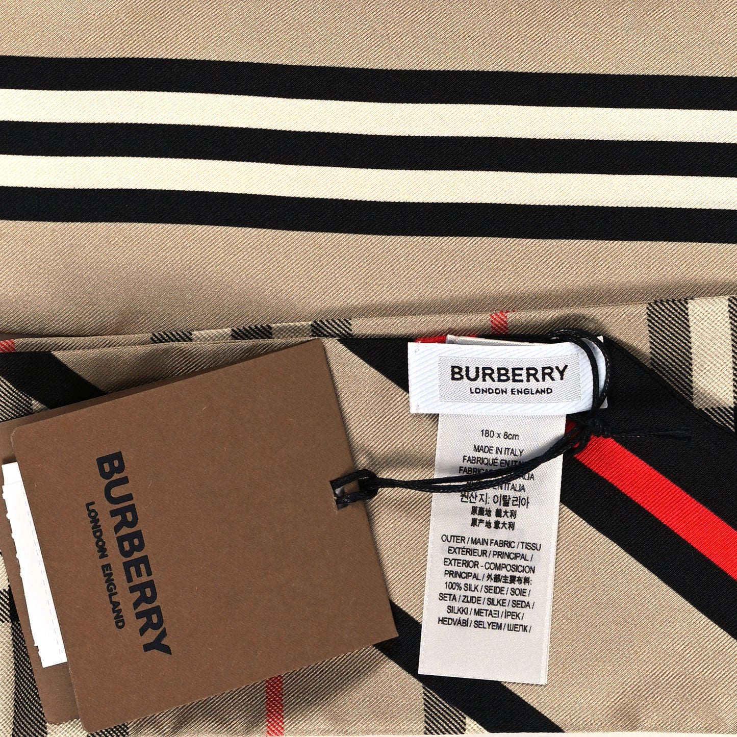 Silk Check Triple Stripe TB Monogram Print Ribbon Scarf Beige