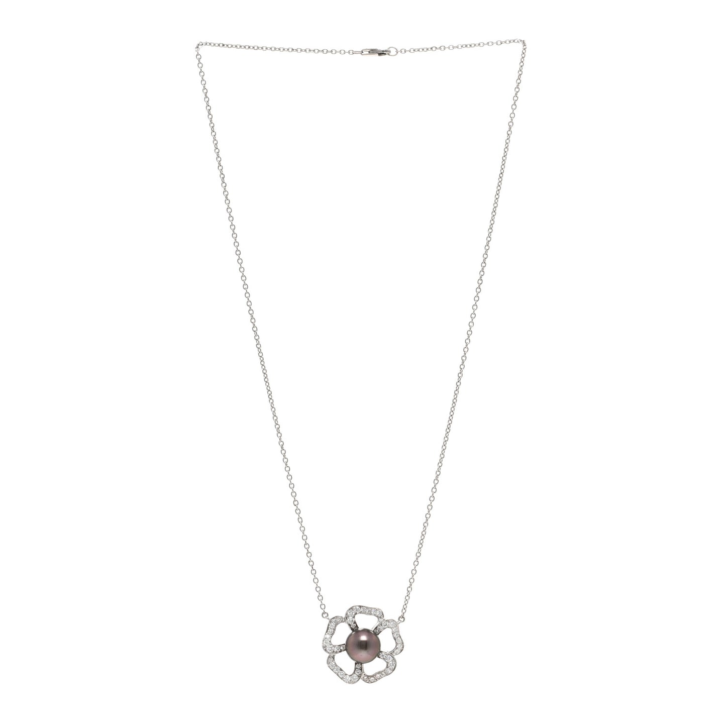 18K White Gold Diamond Tahitian Pearl Open Flower Pendant Necklace