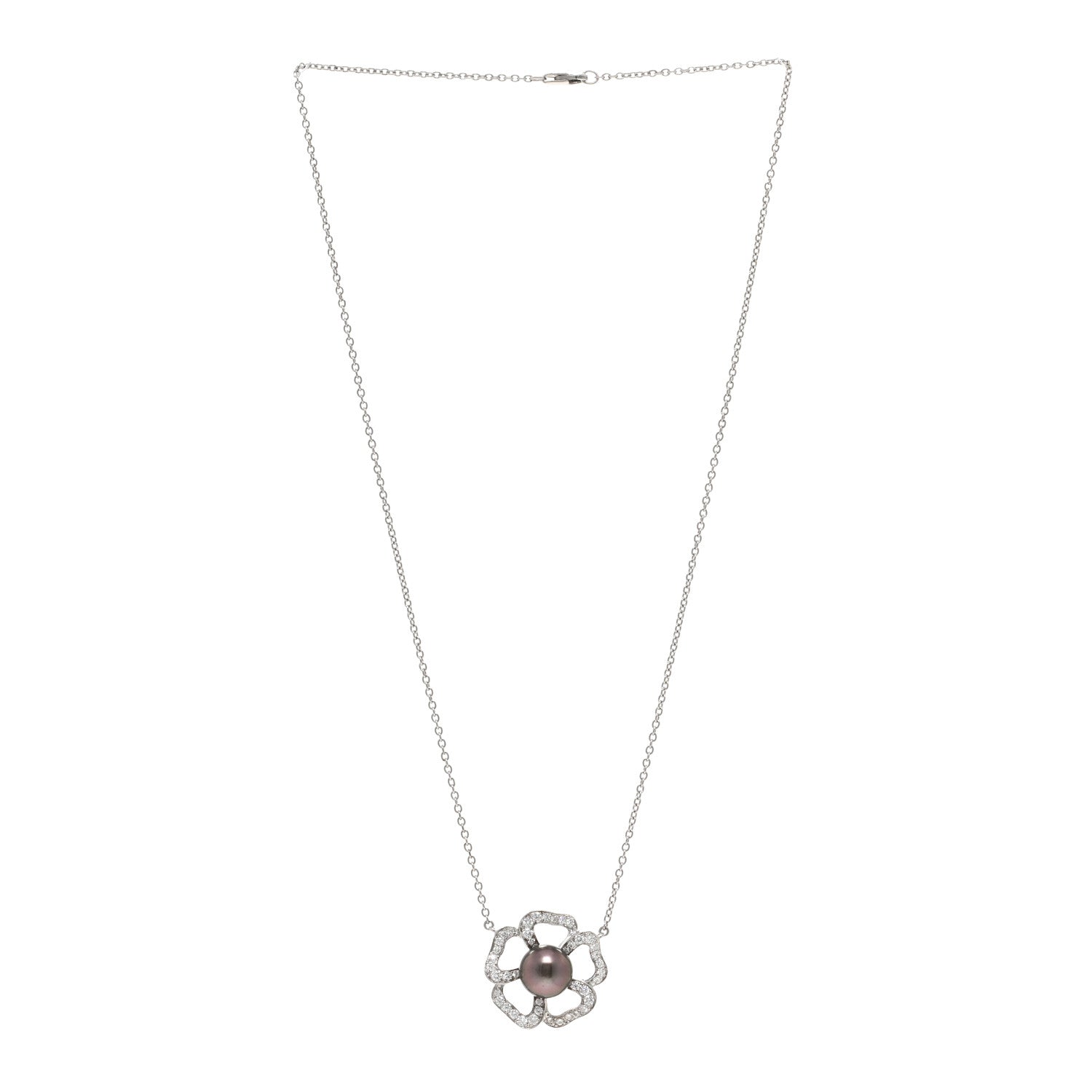 Mikimoto 18K White Gold Diamond Tahitian Pearl Open Flower Pendant Necklace 3 of 3