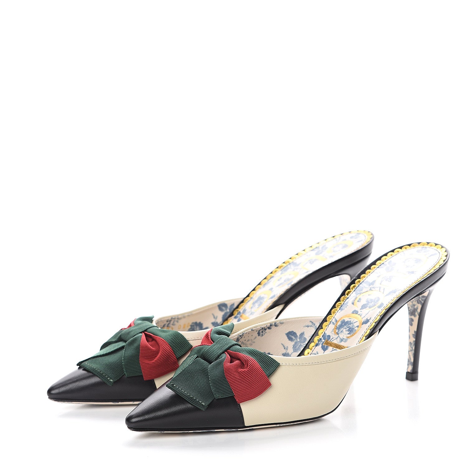 Gucci Malaga Kid Web Bow Mid Heel Mules 38.5 Black Vintage White 3 of 7