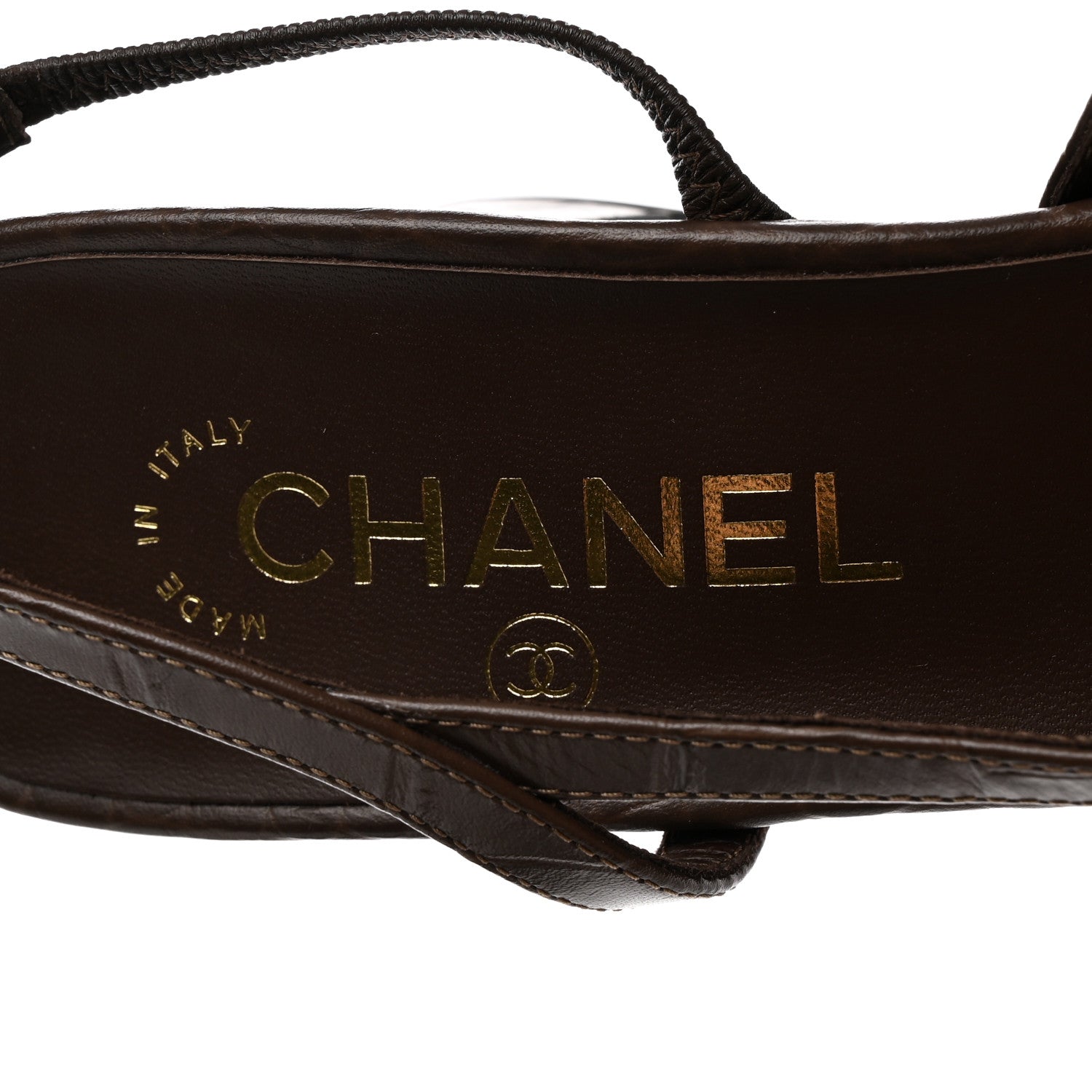 Chanel Calfskin Crocodile Embossed Patent Cap Toe CC Slingback Pumps 39.5 Chocolate Black 6 of 9