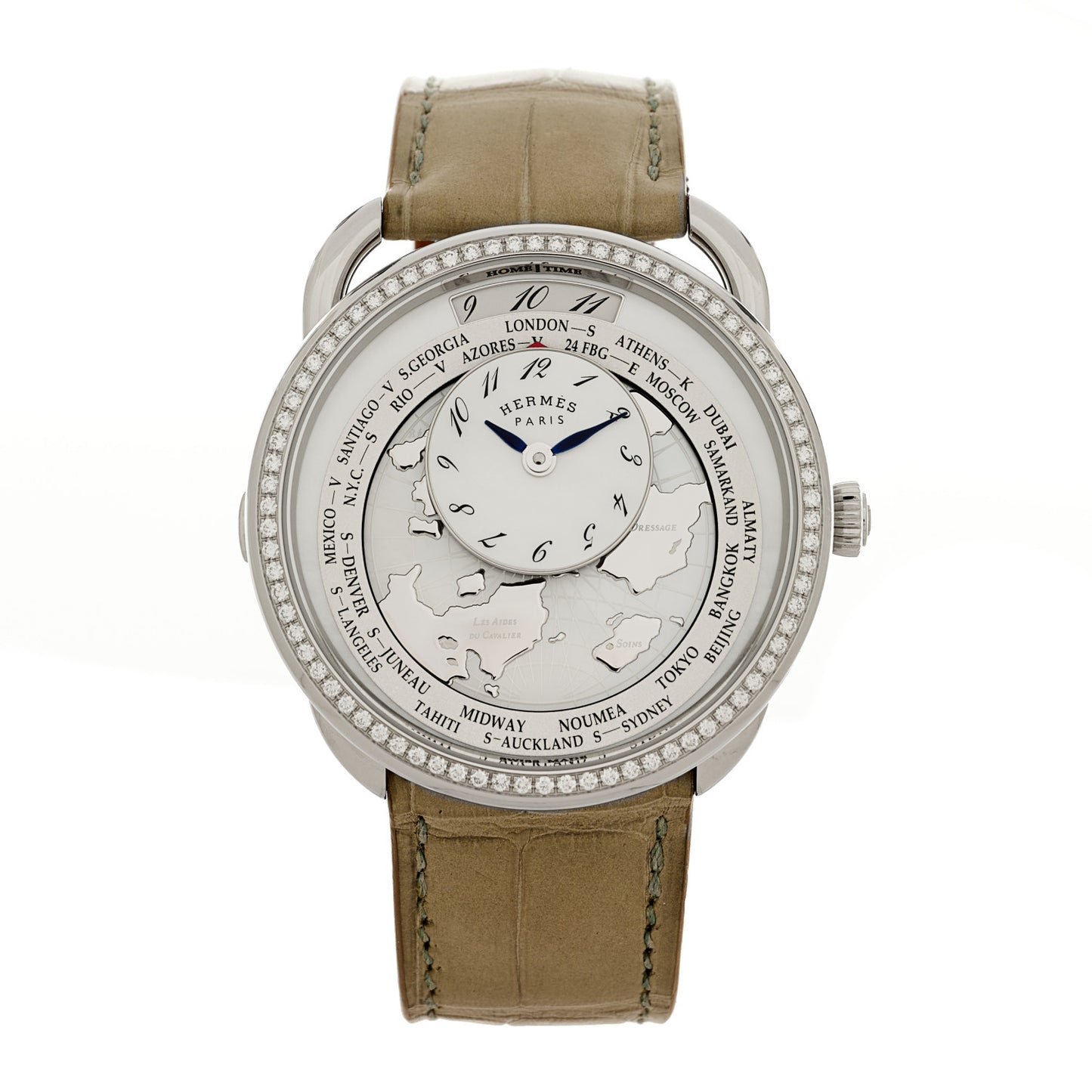 Stainless Steel Alligator Diamond Bezel Mother of Pearl 38mm Arceau Le Temps Voyageur Automatic Watch Gris Perle