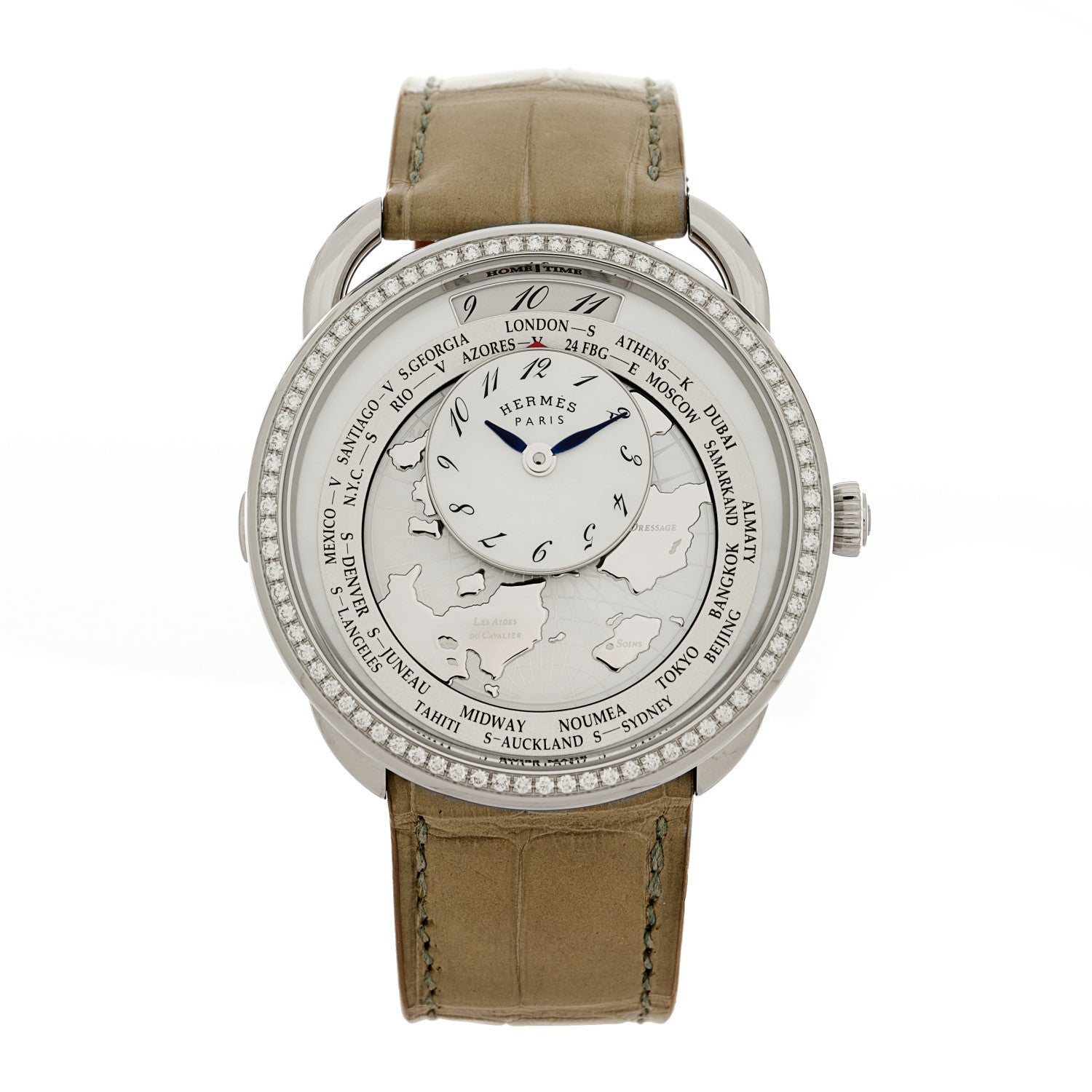 Hermes Stainless Steel Alligator Diamond Bezel Mother of Pearl 38mm Arceau Le Temps Voyageur Automatic Watch Gris Perle 1 of 5