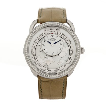 Hermes Stainless Steel Alligator Diamond Bezel Mother of Pearl 38mm Arceau Le Temps Voyageur Automatic Watch Gris Perle 1 of 5
