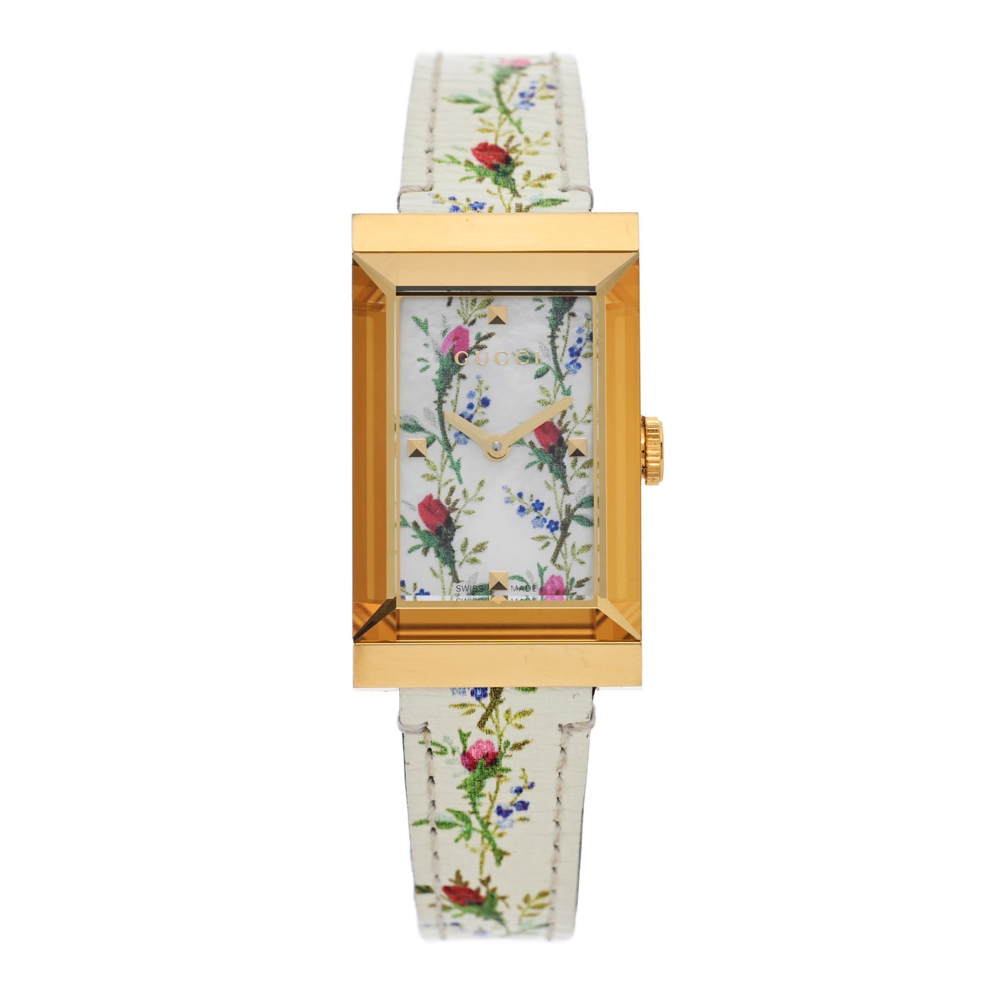 Stainless Steel Calfskin Mother of Pearl 21mm G-Frame Floral Quartz Watch
