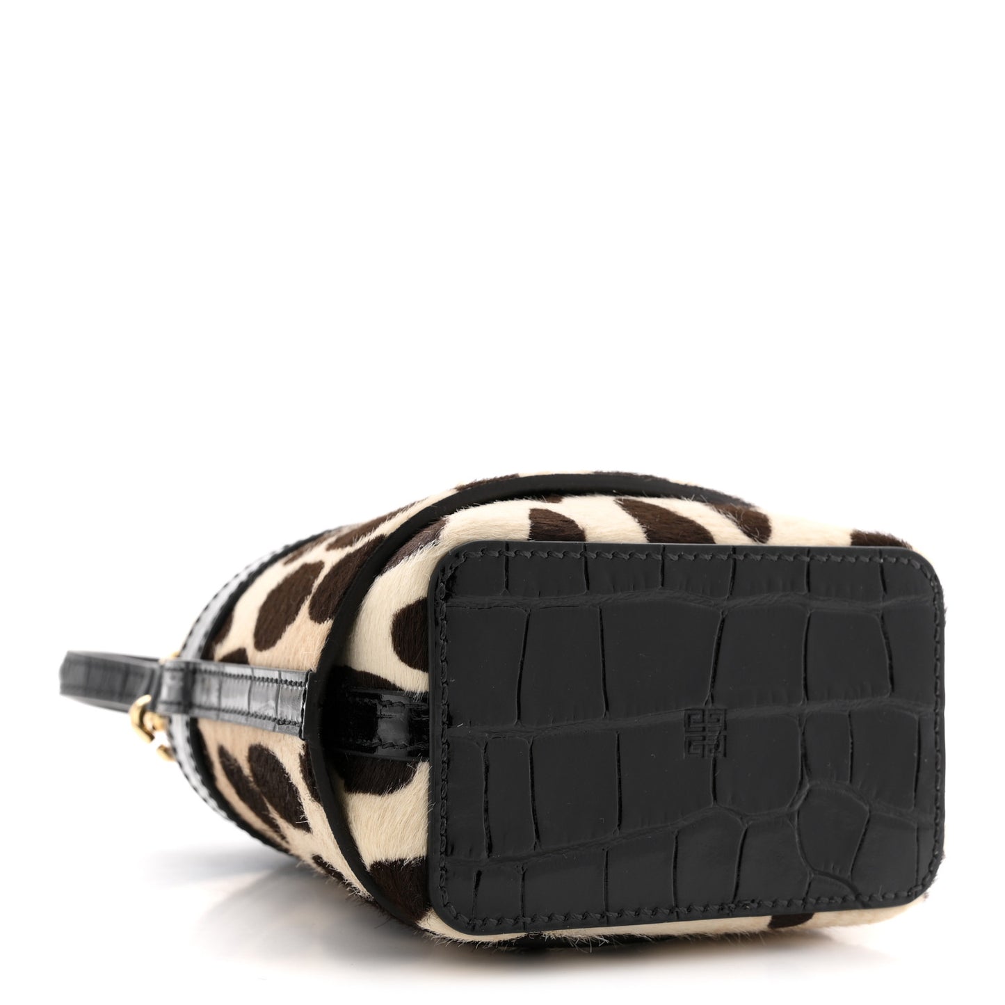 Pony Calfskin Micro Leopard Print Shark Lock Bucket Bag Black Beige