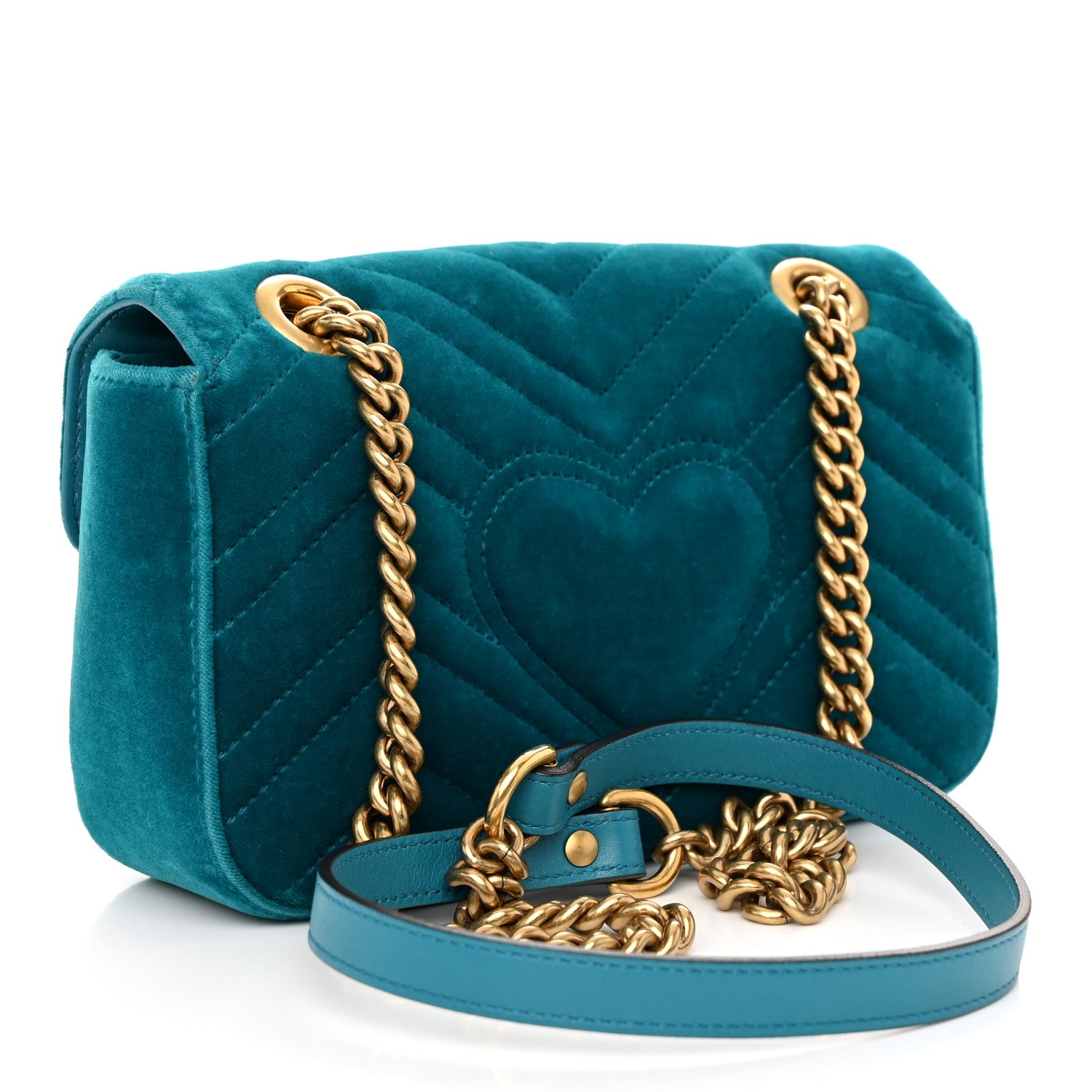 Gucci Velvet Matelasse Mini GG Marmont Shoulder Bag Pavone Cyan 3 of 11