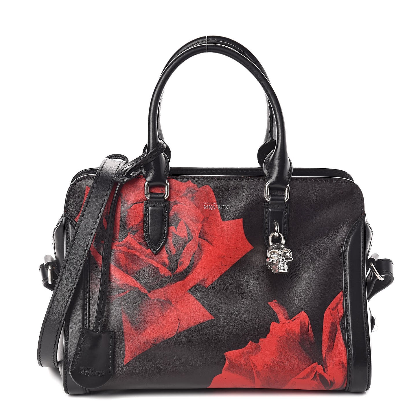 Calfskin Rose Printed Small Skull Padlock Zip Around Tote Black