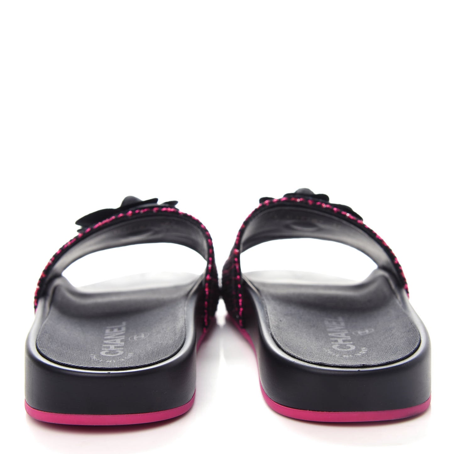 Tweed Grosgrain Camellia CC Flat Mules 37 Black Pink