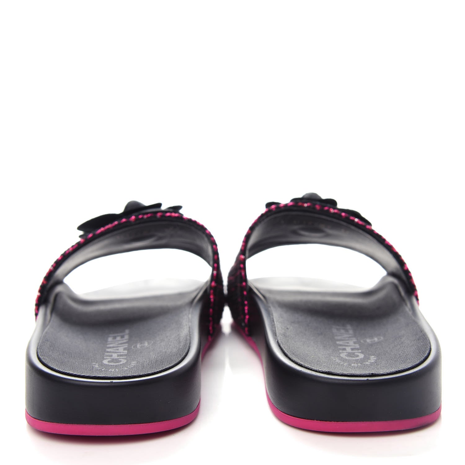 Chanel Tweed Grosgrain Camellia CC Flat Mules 37 Black Pink 7 of 11
