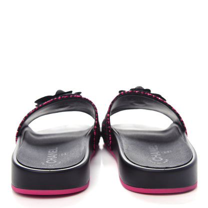 Chanel Tweed Grosgrain Camellia CC Flat Mules 37 Black Pink 7 of 11