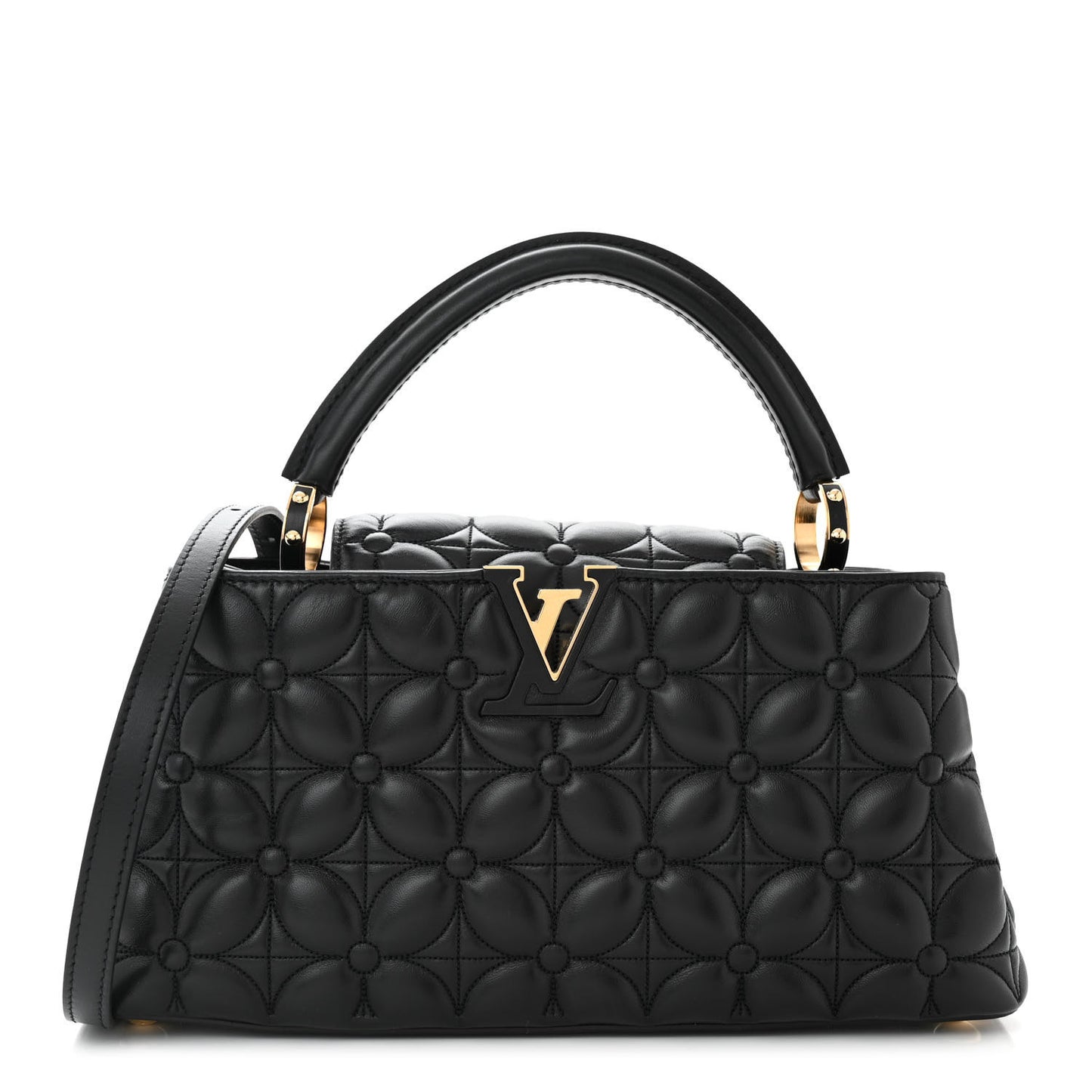 Lambskin Quilted Flower Capucines East West MM Black