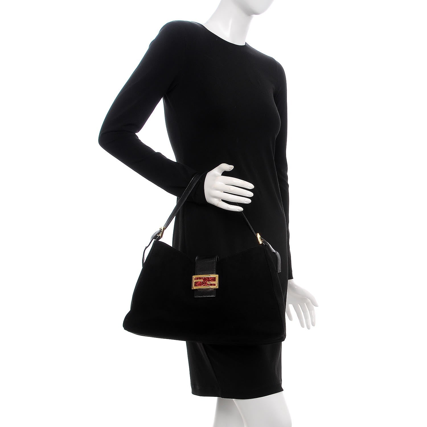 Fendi Suede Glitter Shoulder Bag Black 2 of 7