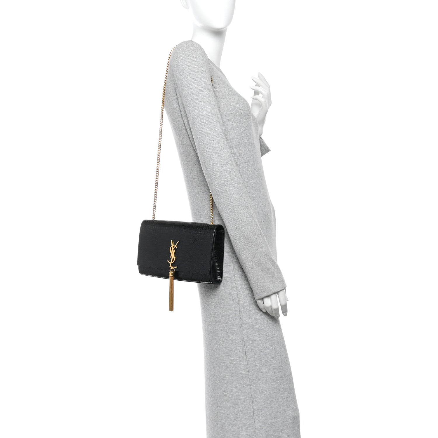 Saint Laurent Calfskin Crocodile Embossed Medium Classic Monogram Kate Tassel Satchel Black 2 of 9