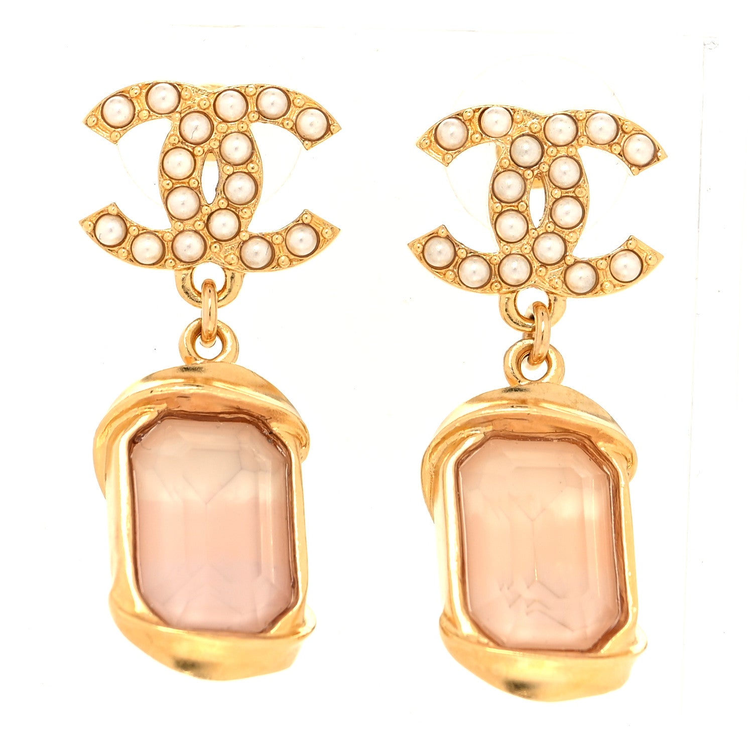 Chanel Metal Crystal Pearl CC Drop Earrings Gold Pink 1 of 5