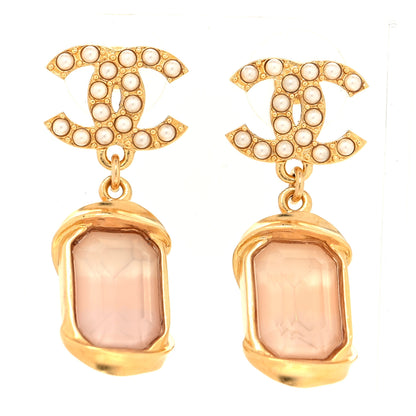 Chanel Metal Crystal Pearl CC Drop Earrings Gold Pink 1 of 5