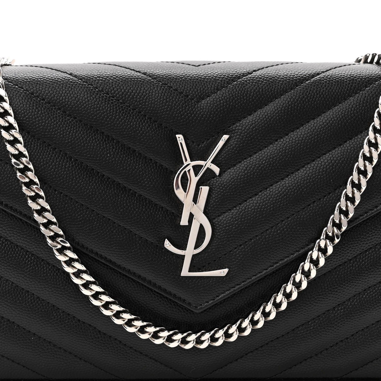 Saint Laurent Grain De Poudre Matelasse Chevron Monogram Chain Wallet Black 7 of 10