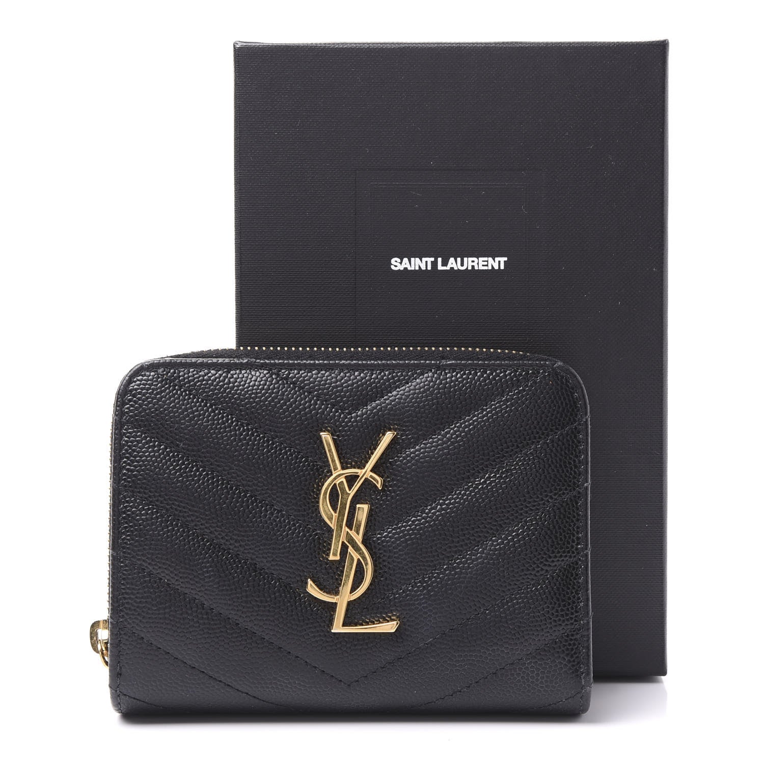 Saint Laurent Grain De Poudre Matelasse Chevron Monogram Compact Zip Around Wallet Black 11 of 11