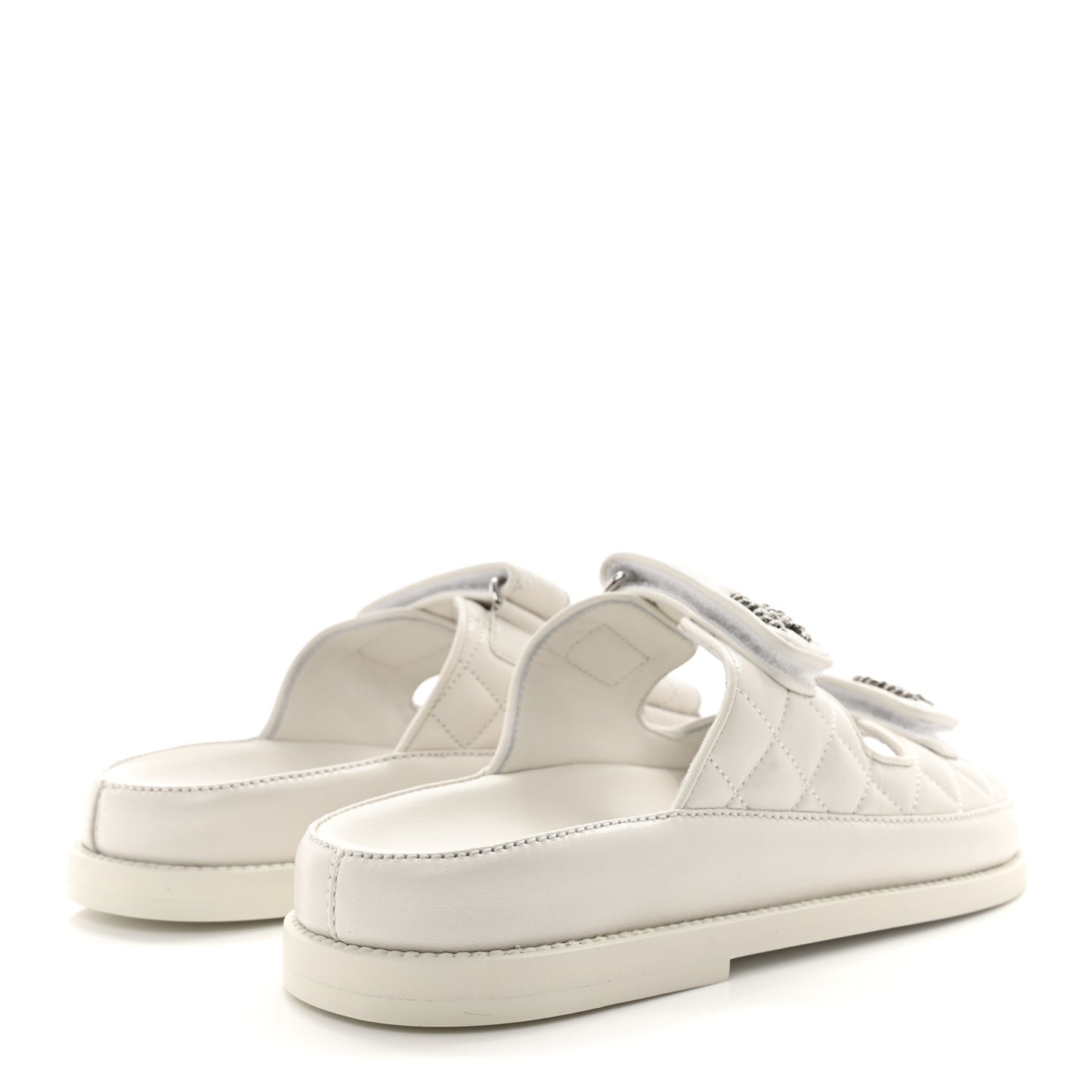 Lambskin Quilted Velcro Dad Chain CC Slide Sandals 36.5 White