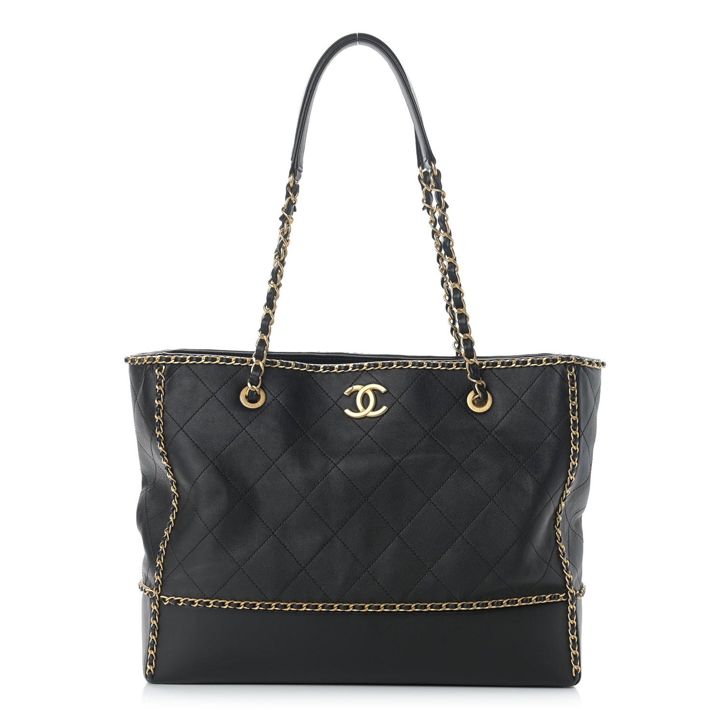 Calfskin Quilted Chain Lines Shopping Tote Black