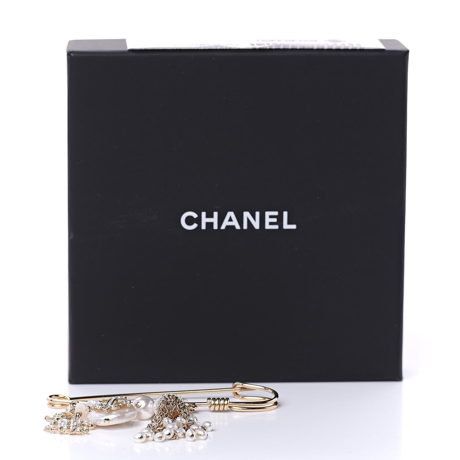 Chanel Pearl Crystal CC Charms Safety Pin Brooch Gold 4 of 4