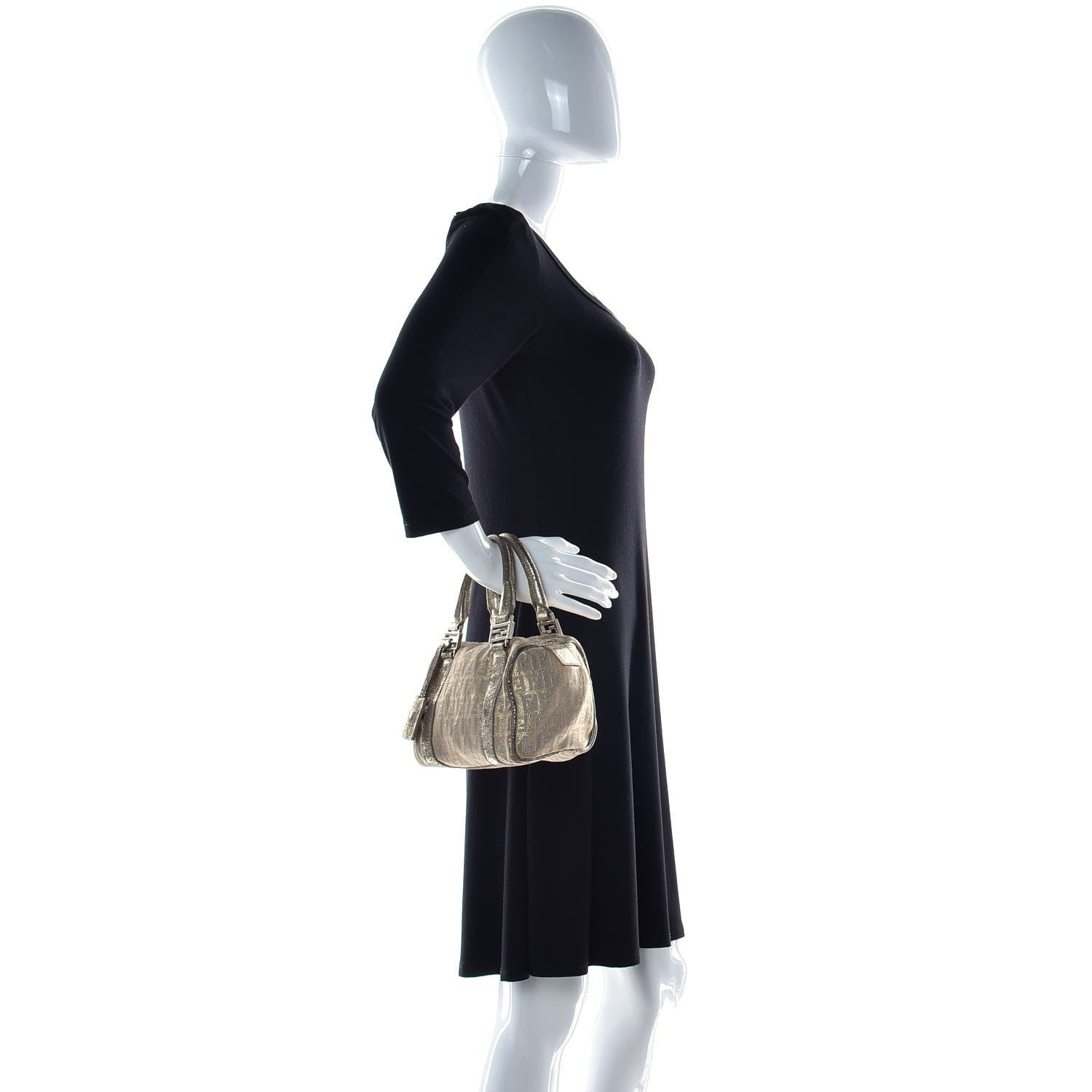 Fendi Metallic Jacquard Zucchino Mini Forever Boston Gold Silver 3 of 41