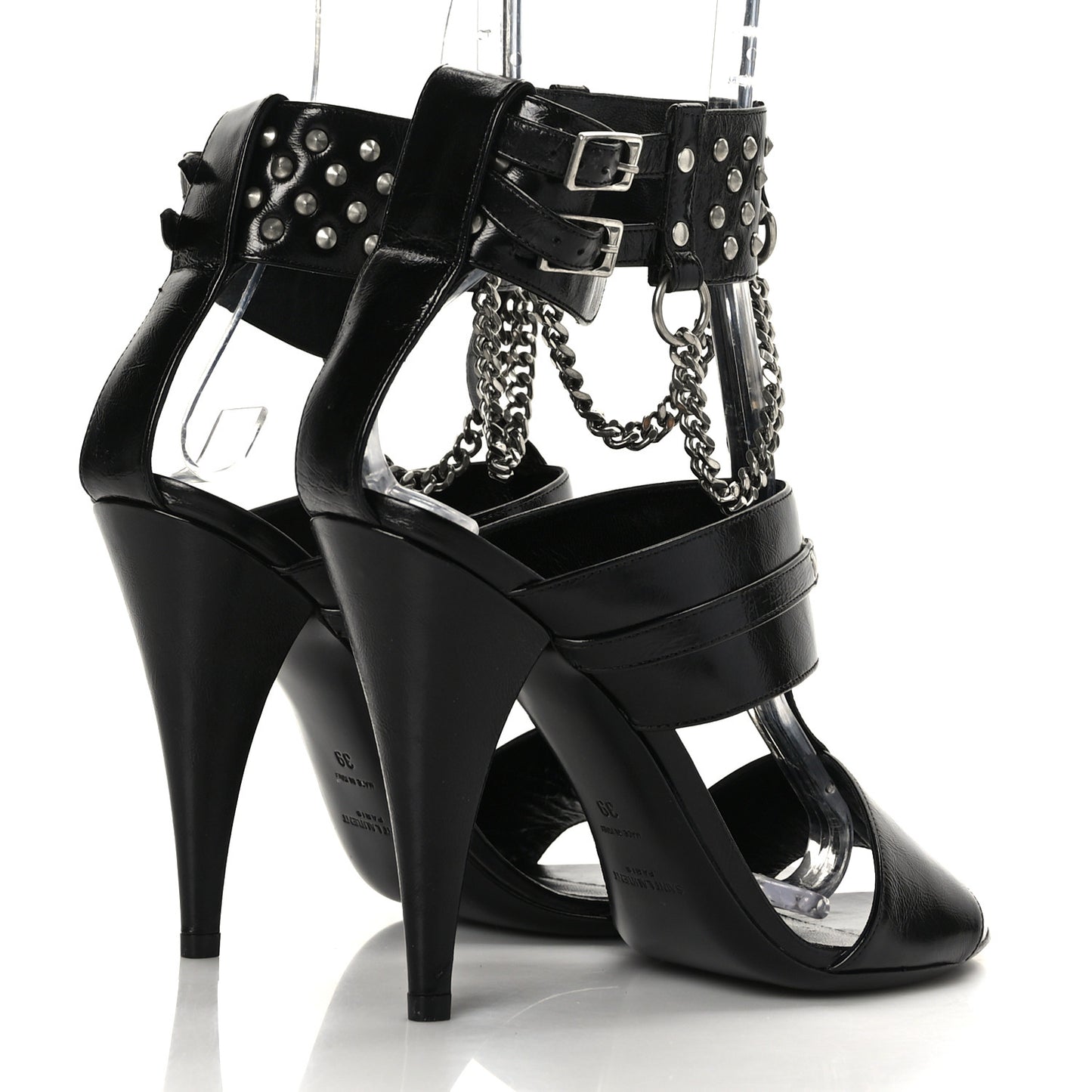 Shiny Calfskin Multi-Studded Strap Fetish Ankle Sandals 39 Black