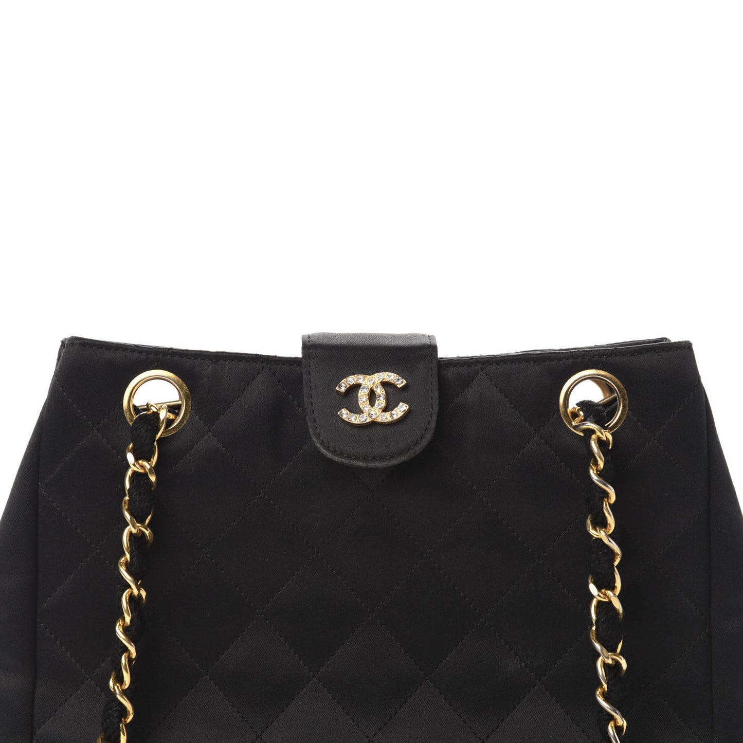 Satin Quilted Crystal CC Shoulder Bag Black