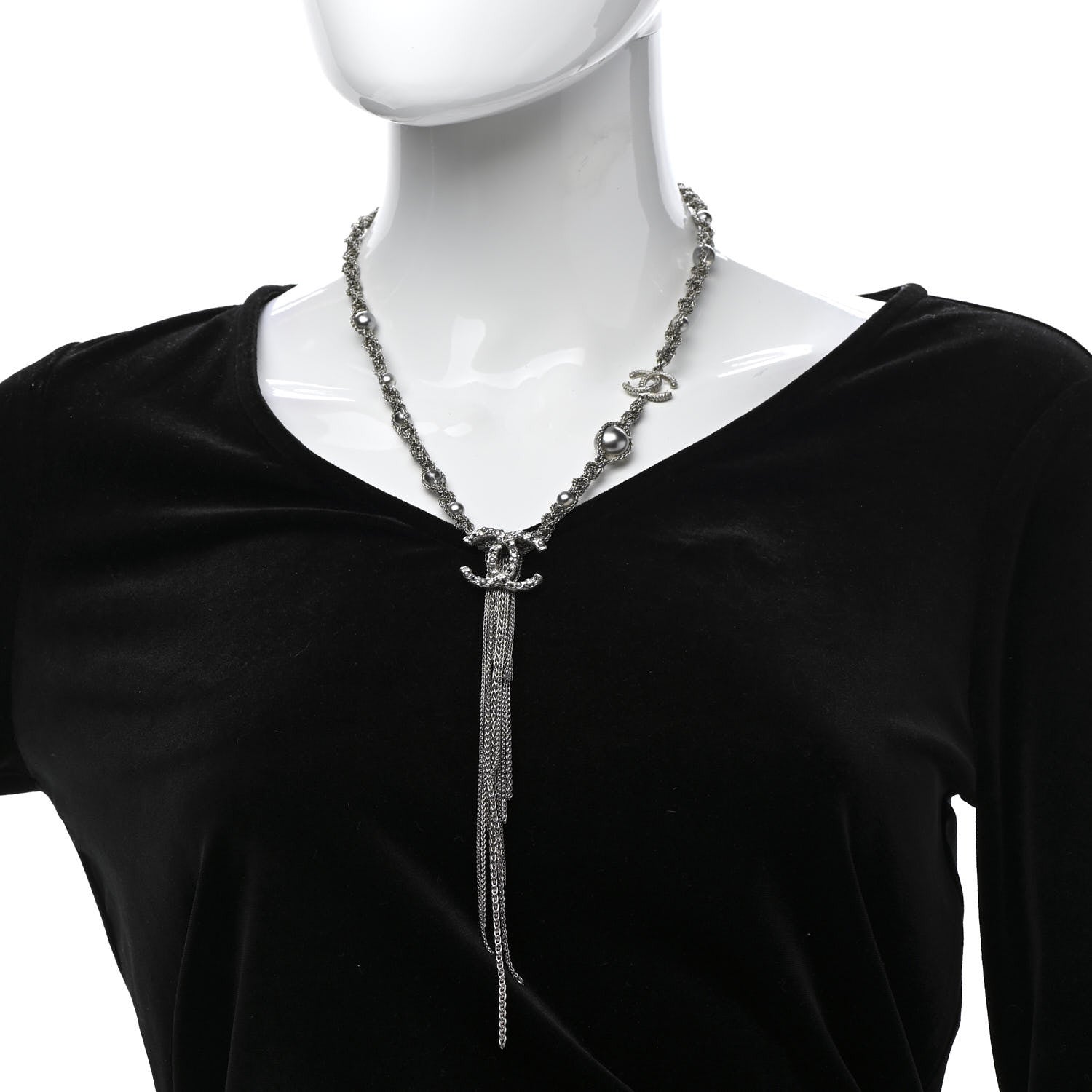 Chanel Crystal Pearl Chain Necklace Gray 2 of 6