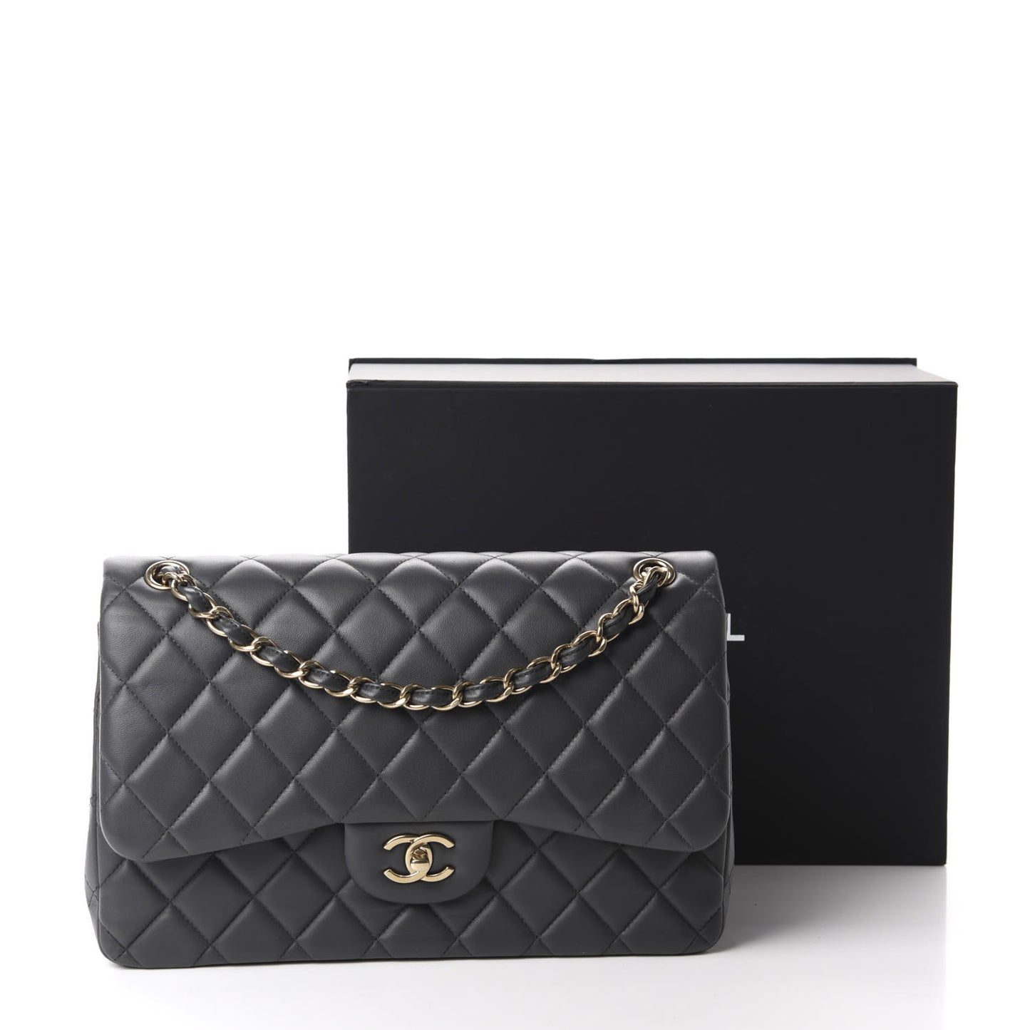 Lambskin Quilted Jumbo Double Flap Dark Grey