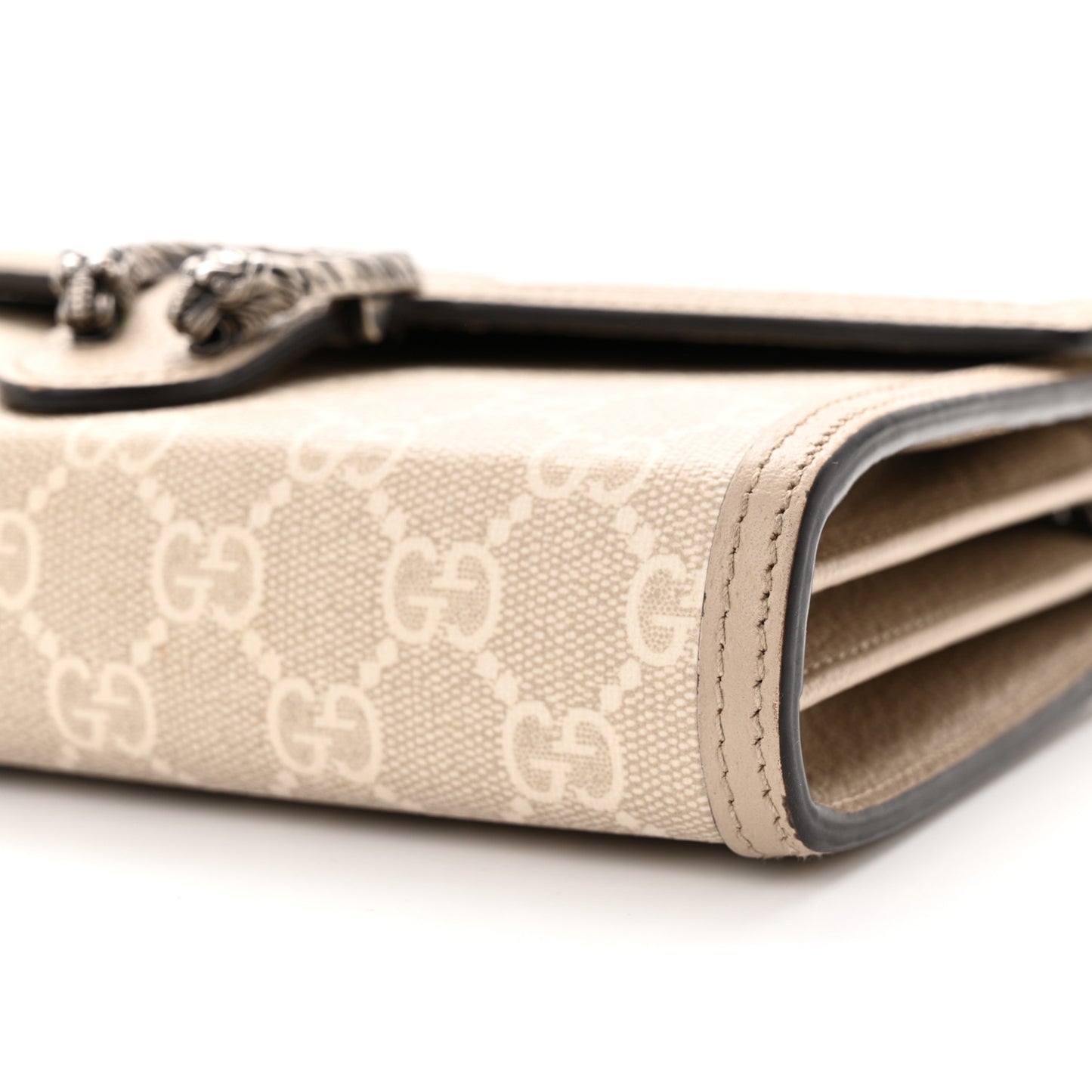 GG Supreme Monogram Textured Dollar Calfskin Mini Dionysus Chain Wallet Beige Mystic White Oatmeal