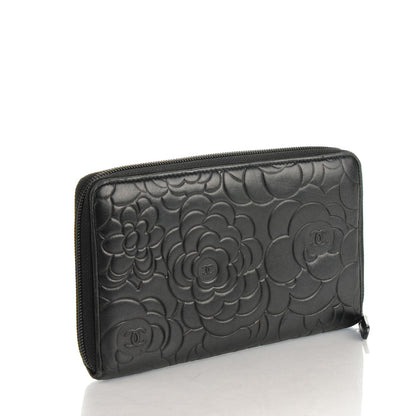 Chanel Lambskin Camellia Embossed Zip Around Organizer Wallet Black 3 of 8