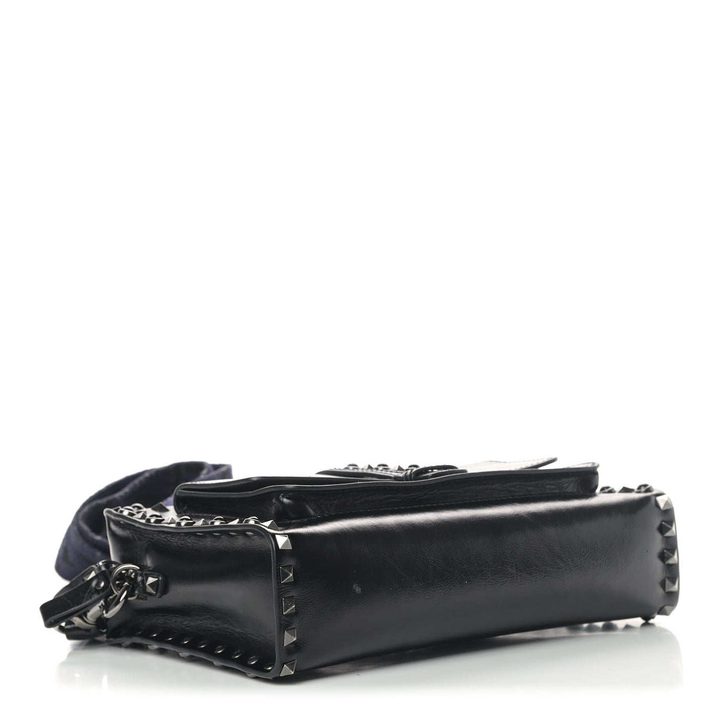 Craquele Calfskin Small Guitar Strap Rockstud Rolling Flap Pocket Shoulder Bag Black
