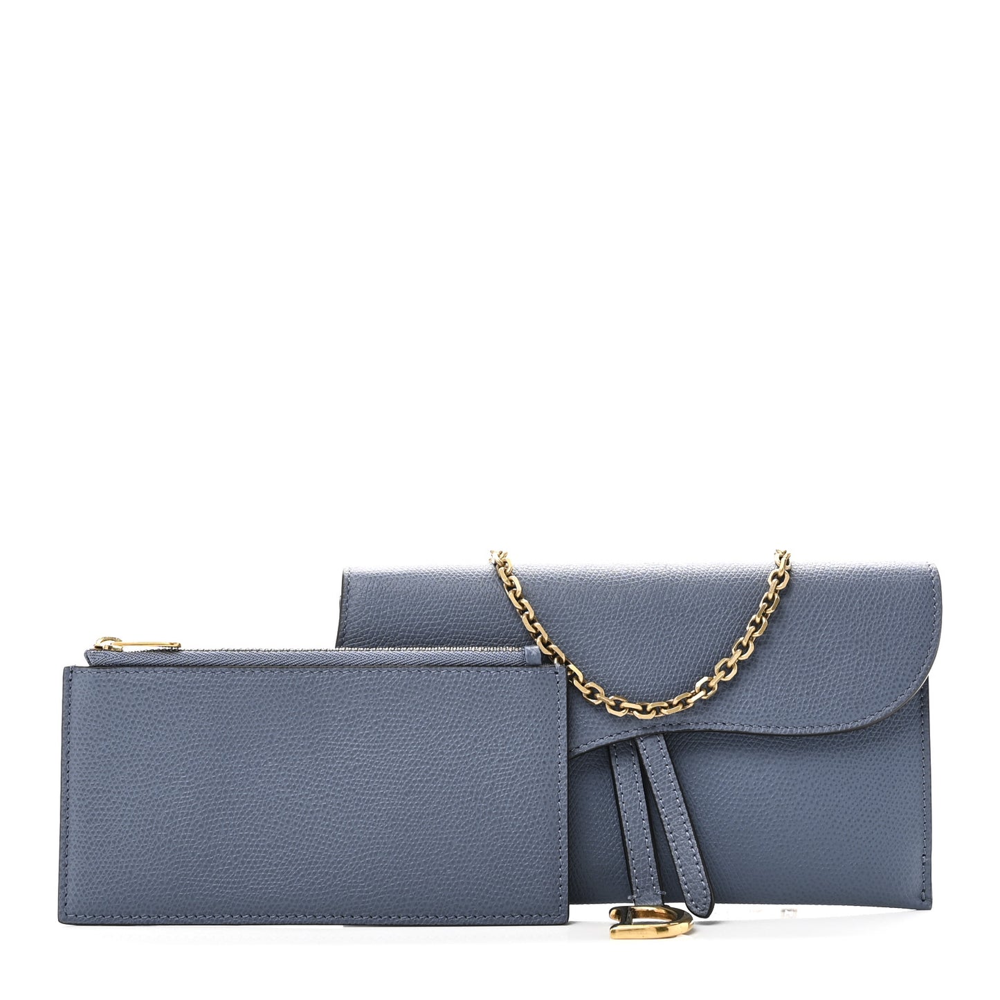Grained Calfskin Saddle Chain Wallet Pouch Denim Blue