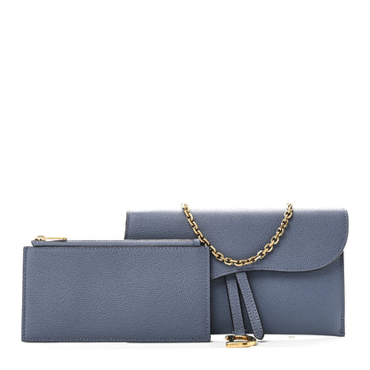 Christian Dior Grained Calfskin Saddle Chain Wallet Pouch Denim Blue 3 of 11