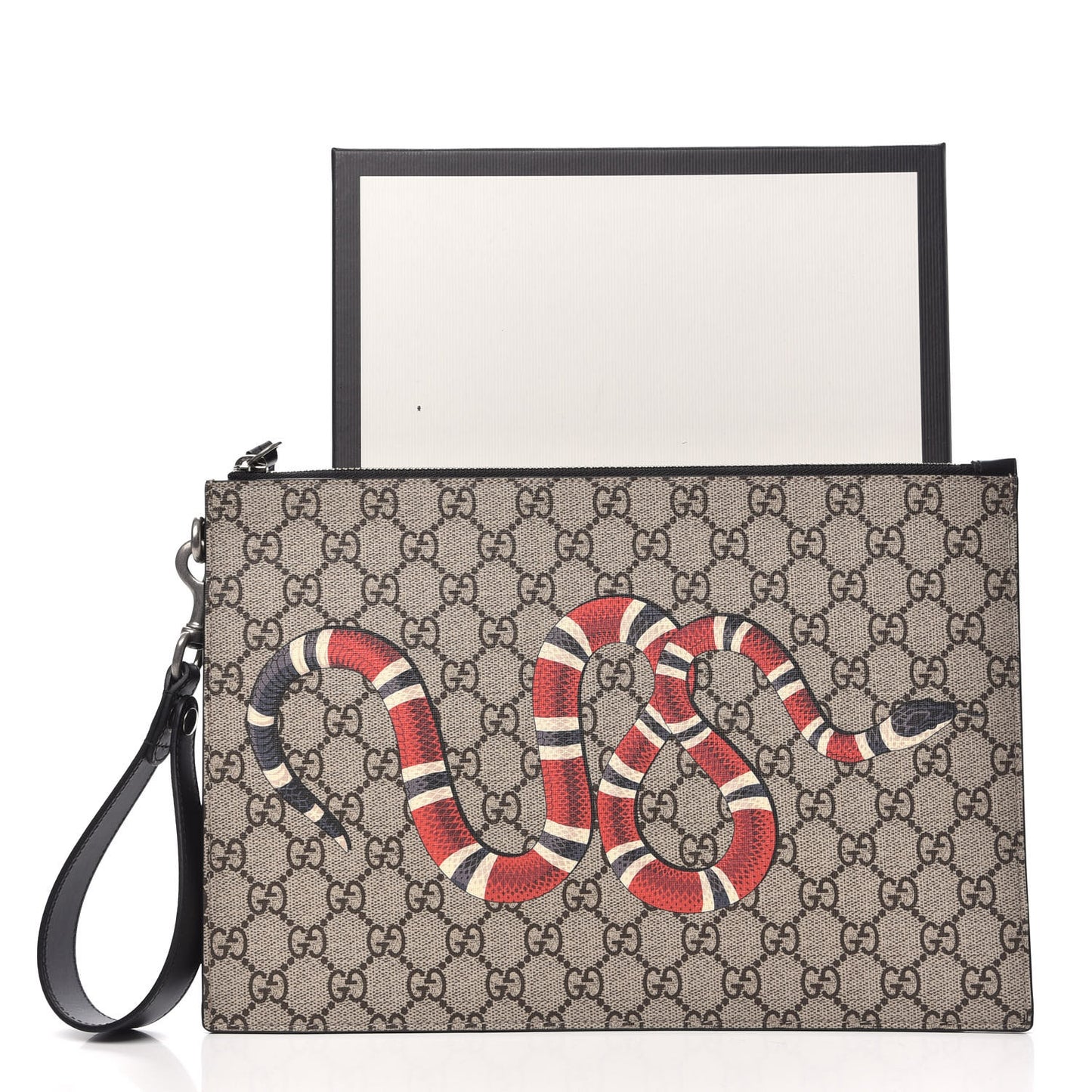 GG Supreme Monogram Kingsnake Zip Wristlet Pouch Beige Black