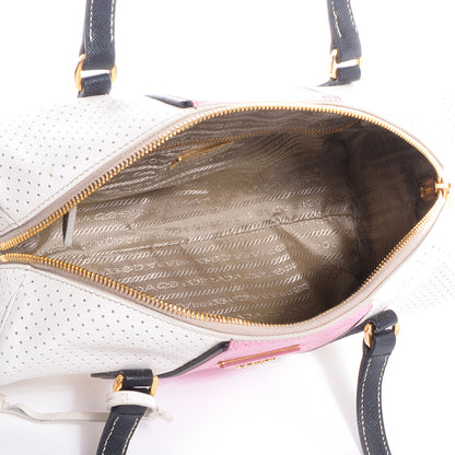 Prada Saffiano Perforated Striped Shoulder Bag White Black 8 of 30