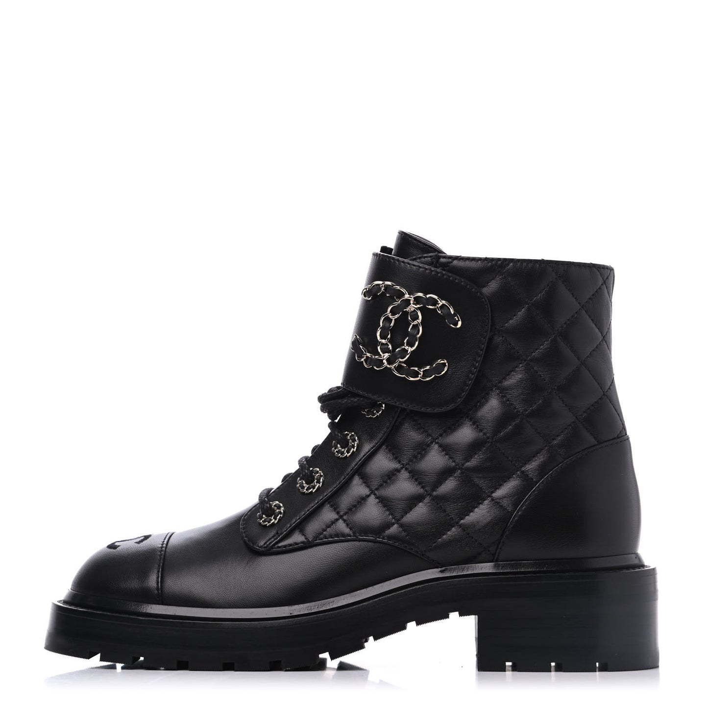 Shiny Lambskin Quilted Lace Up Combat Boots 38 Black