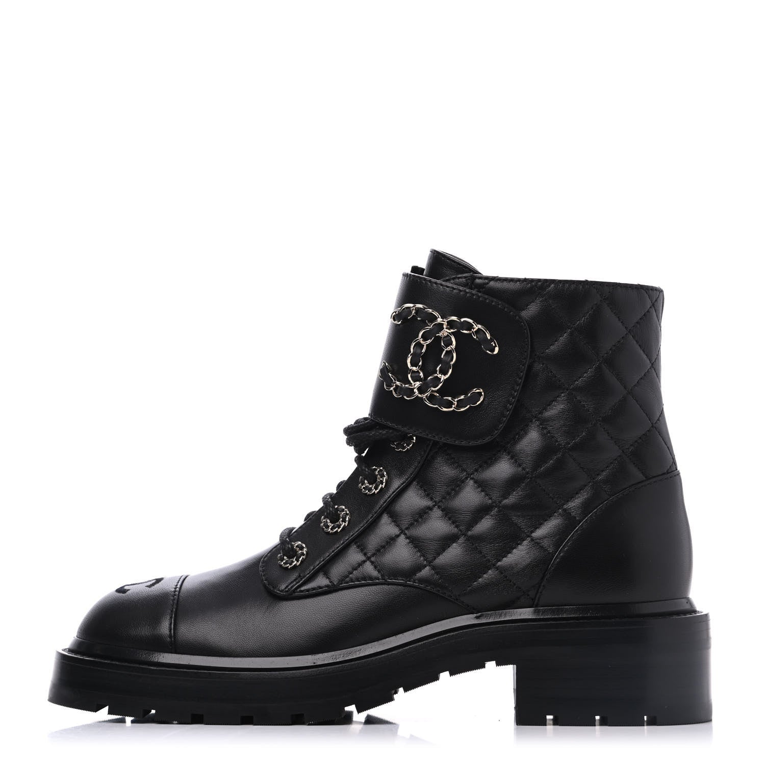 Chanel Shiny Lambskin Quilted Lace Up Combat Boots 38 Black 1 of 9