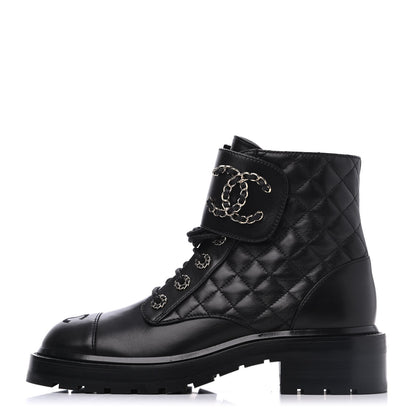 Chanel Shiny Lambskin Quilted Lace Up Combat Boots 38 Black 1 of 9